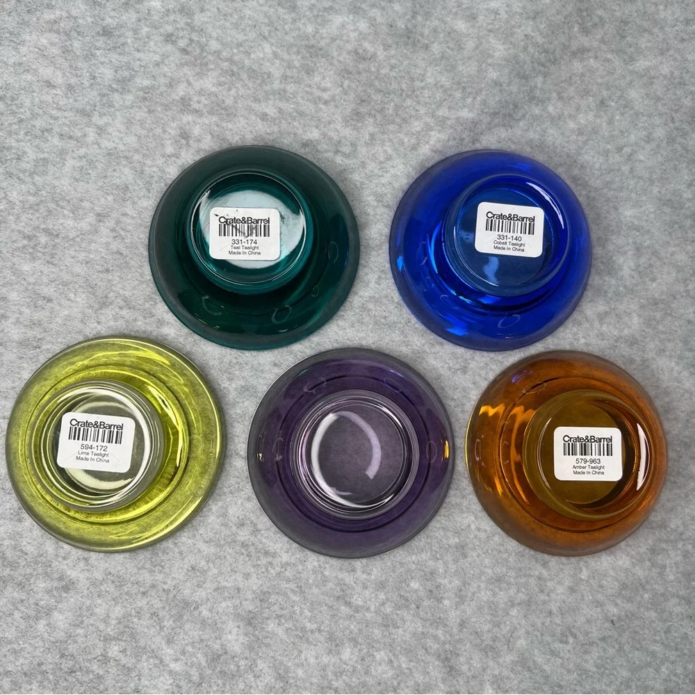 Crate&Barrel Set of 5 Tea Light Candle Holders Lime Amethyst Amber Cobalt Teal